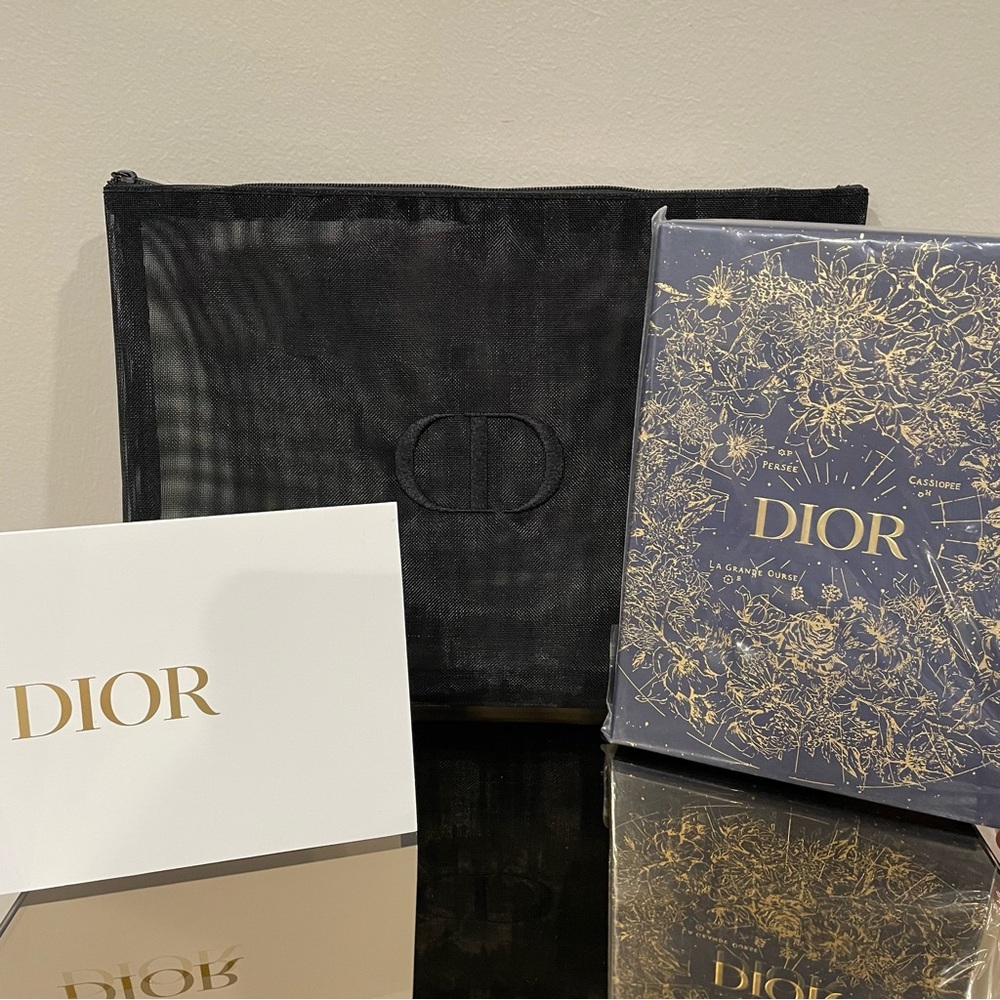 Dior Bag & Hardback Journal Book Holiday Navy Gold Dior Black Zip Mesh Pouch New